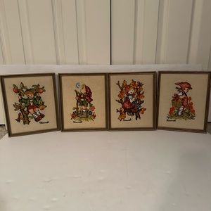 Vintage 1975 set of 4 Hummel Crewel Embroidery Framed
